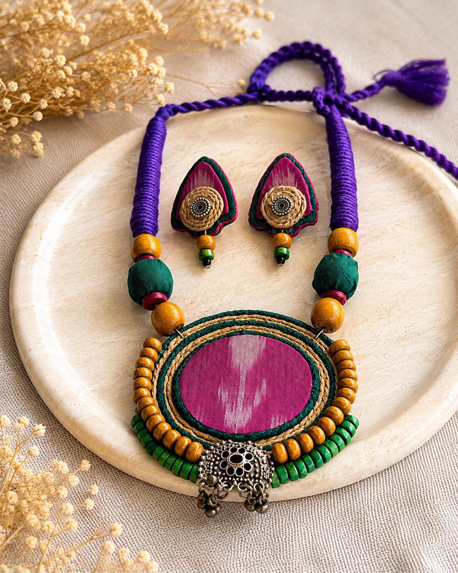 Purple Fabric medallion with jute teal charm_0