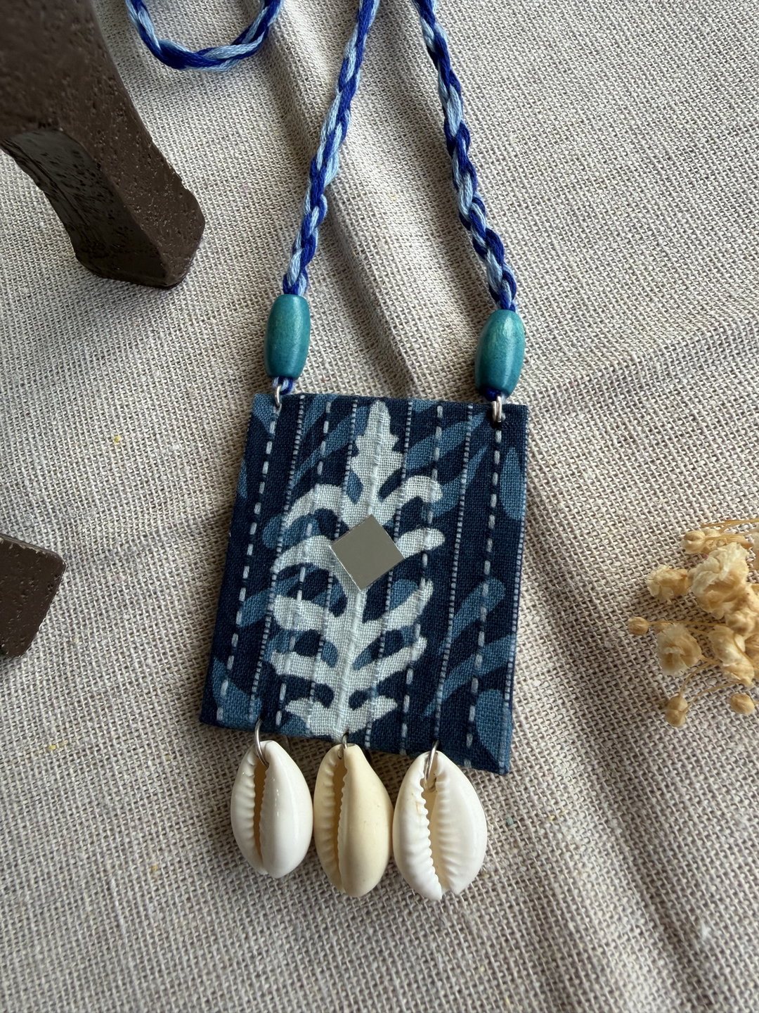 Indigo Leaf Print with cowrie shell drops