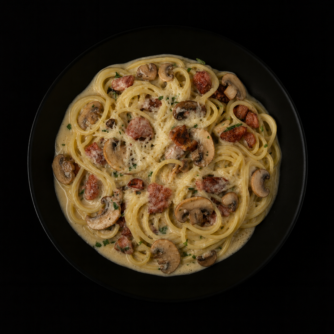 Pasta Fattoria del Bosco con panceta y hongos