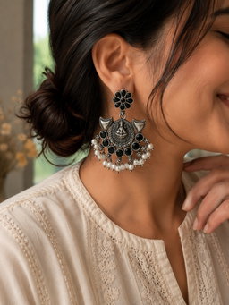 Tribal Lakshmi Chandbali Earrings-Black