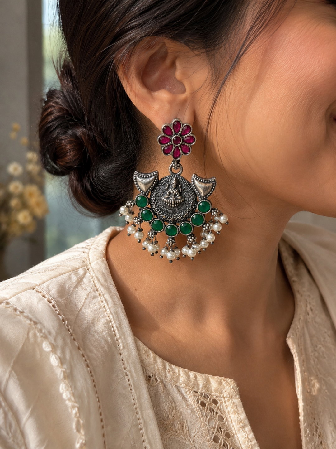 Tribal Lakshmi Chandbali Earrings-Multicolor