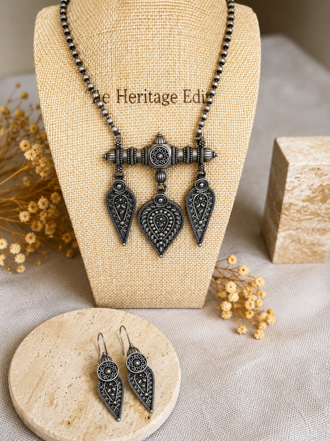 Oxidized necklace set - Tribal leaf pendant