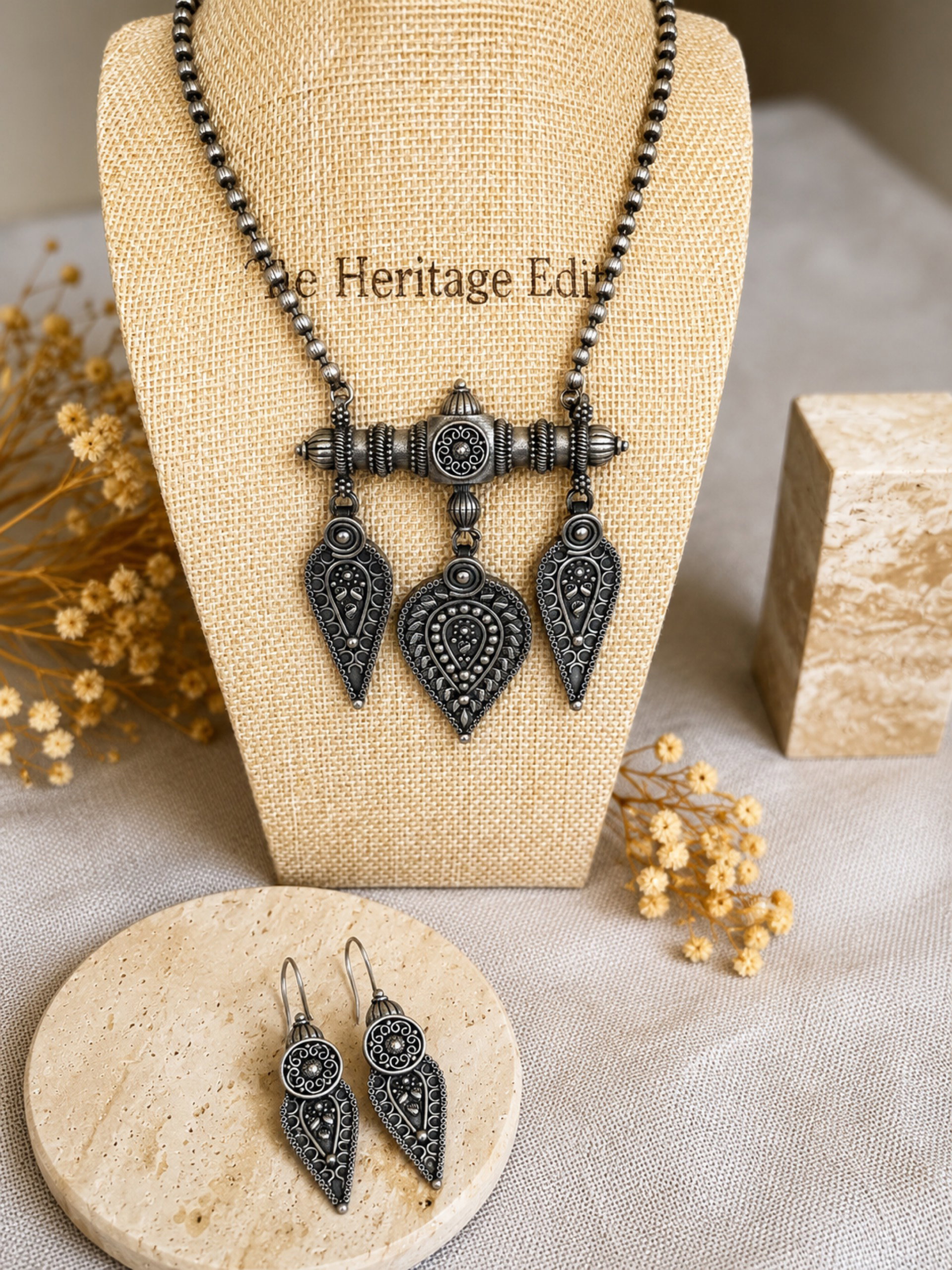 Oxidized necklace set - Tribal leaf pendant_0