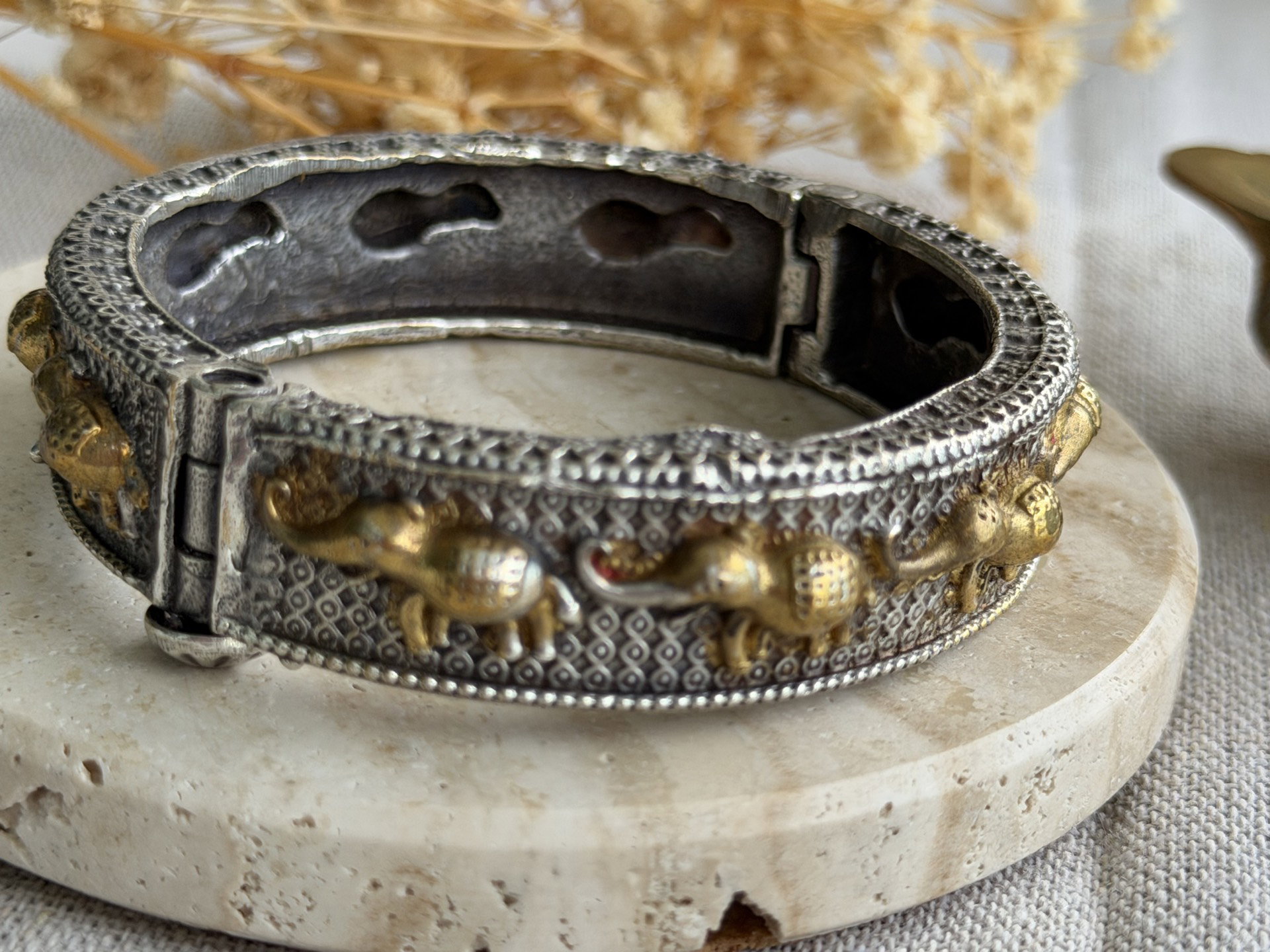 Oxidized Silver Kada Elephant with kundan_0