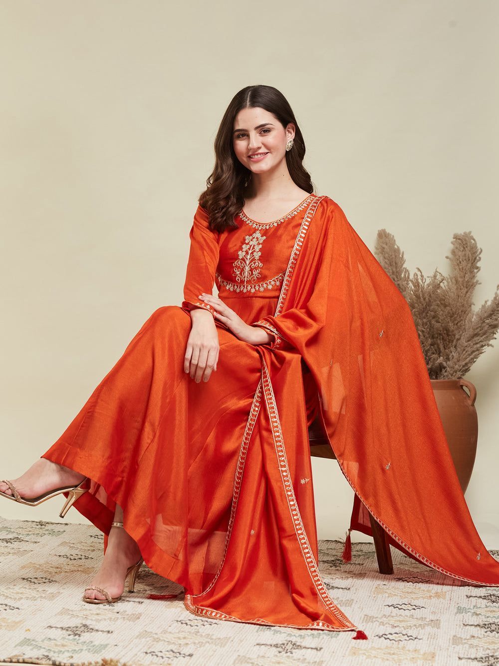 Orange Flared Cotton Kurta Set KK