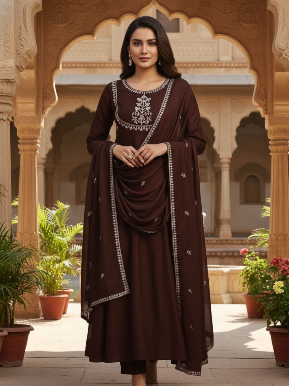 Brown Flared Cotton Kurta Set KK