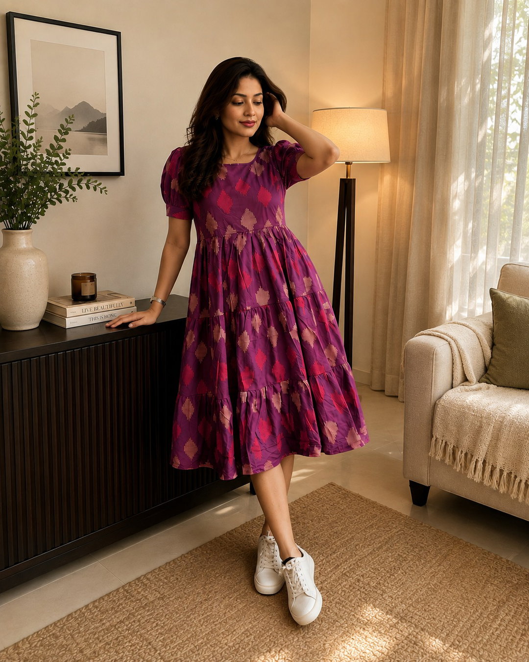 Lotus flower cotton middi Gown dress (Size: M-3XL) KK