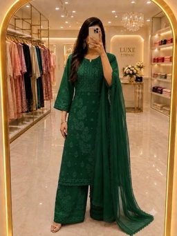  FAUX GEORGETTE TOP COTTON THREAD EMBROIDERED 3PC SET KK