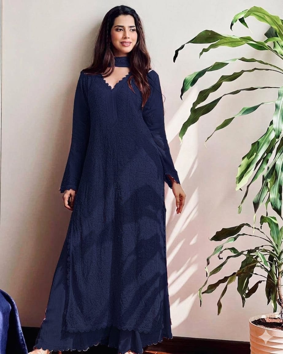  FAUX GEORGETTE TOP COTTON THREAD EMBROIDERED WORK 3 PC SET KK_3