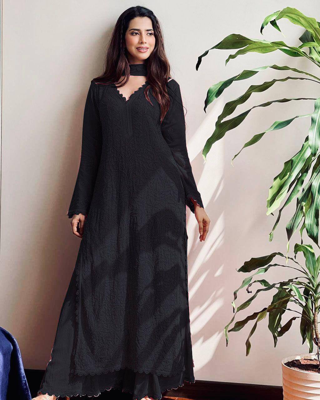  FAUX GEORGETTE TOP COTTON THREAD EMBROIDERED WORK 3 PC SET KK_5
