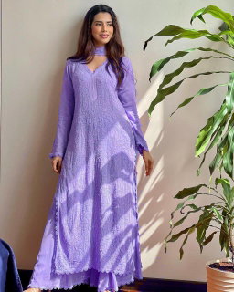  FAUX GEORGETTE TOP COTTON THREAD EMBROIDERED WORK 3 PC SET KK
