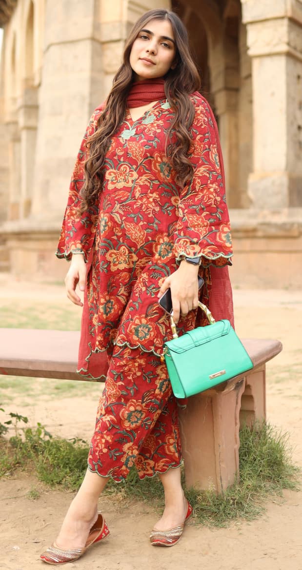 Maria maroon contrast green scallops Co-ord set (M-2XL) KK