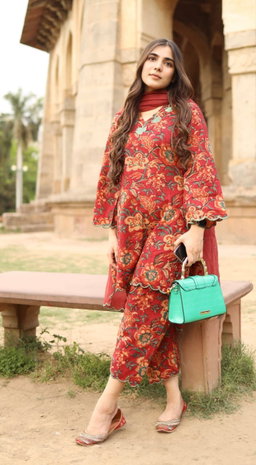 Maria maroon contrast green scallops Co-ord set  (M-2XL) KK