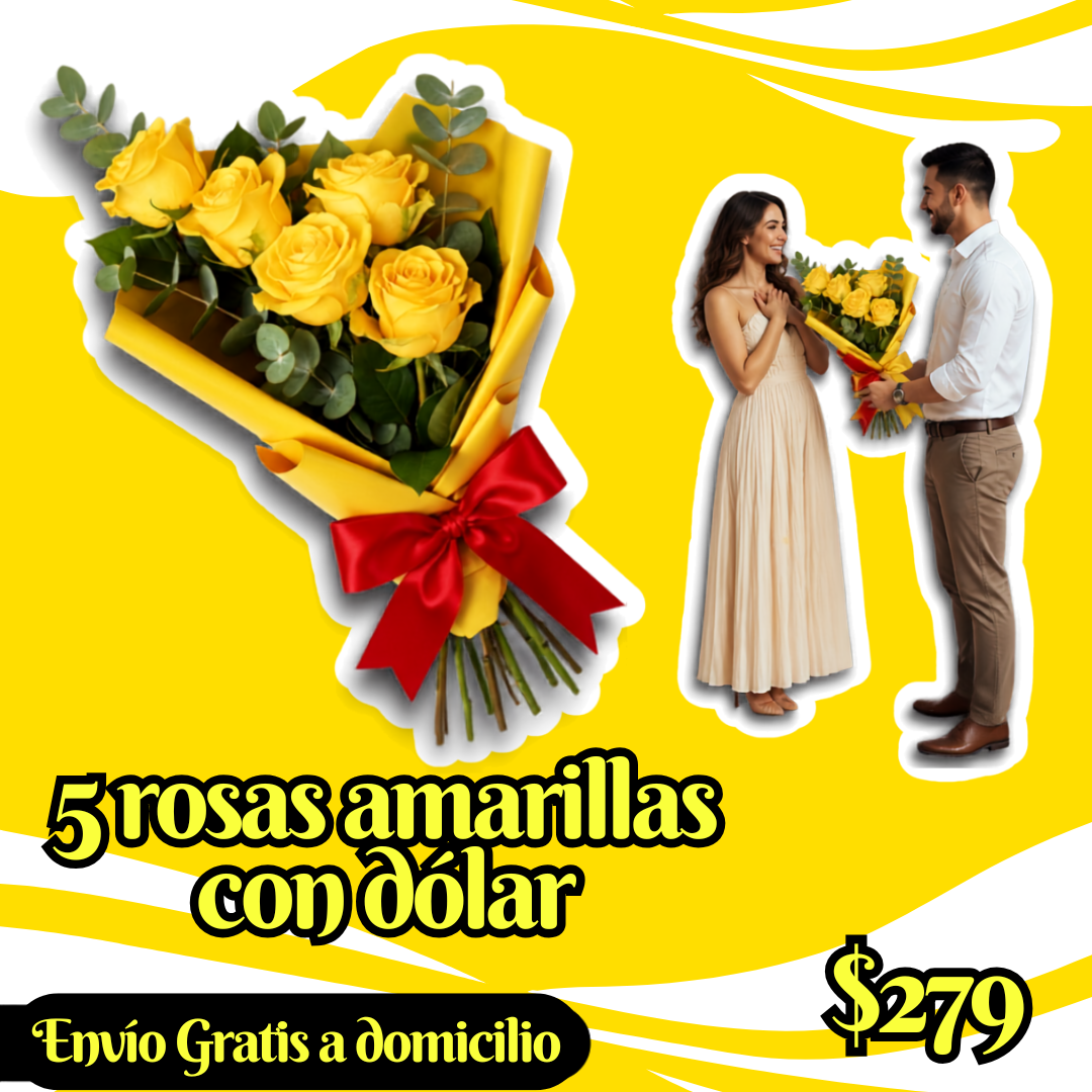 5 rosas amarillas con dólar_0