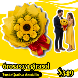 6 rosas y 1 girasol