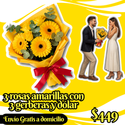 3 rosas amarillas con 3 gerberas y dólar