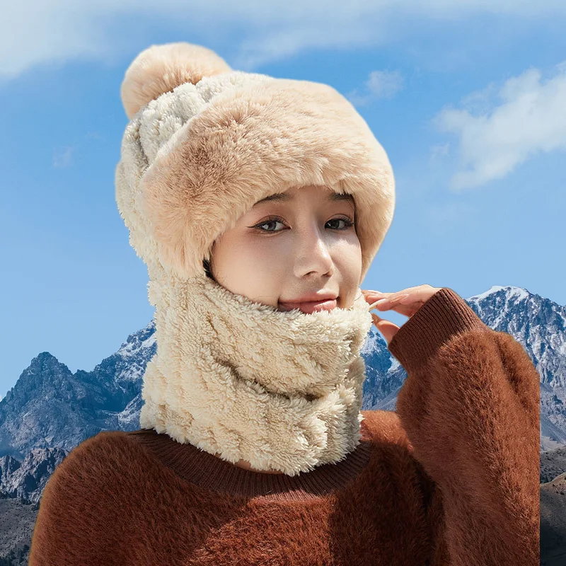 Women's Winter Plush Hat with Integrated Scarf and Mask_0