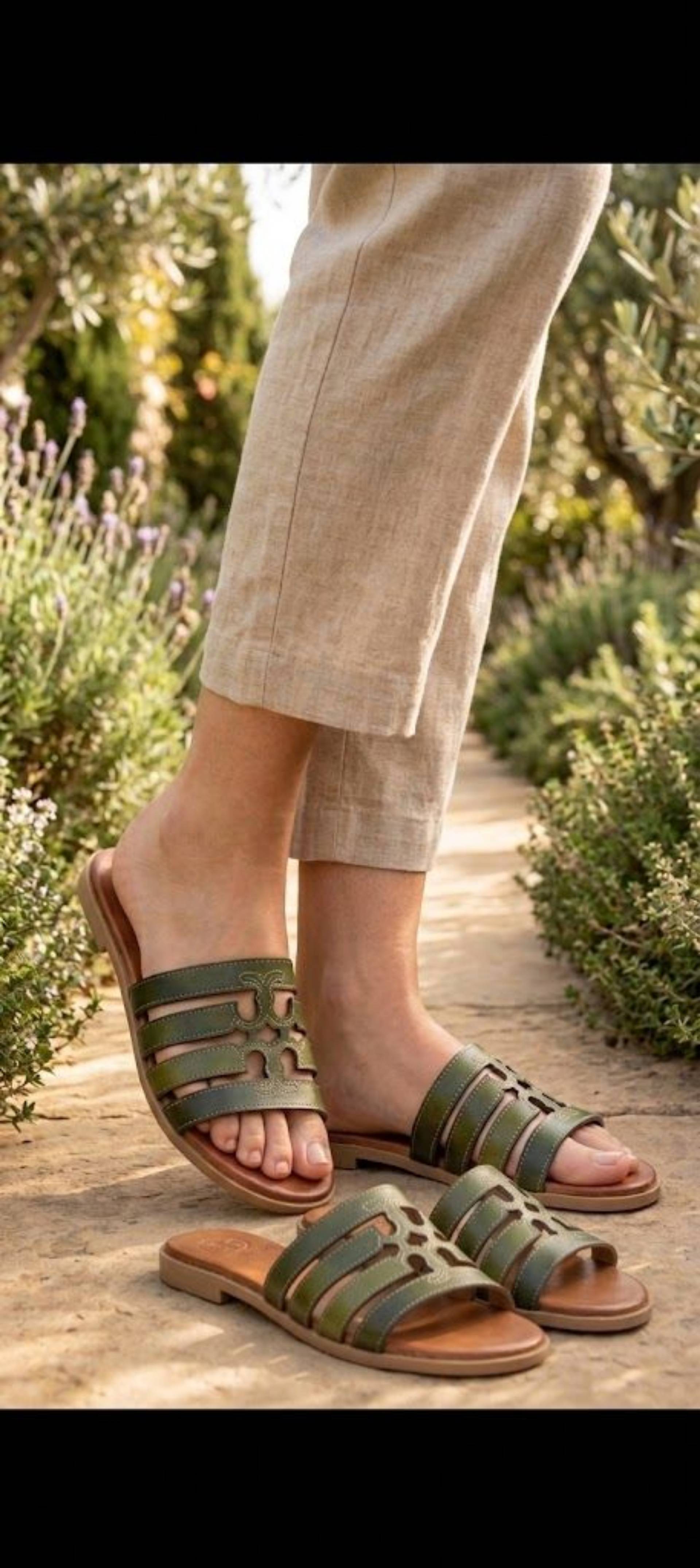 Olive Green Cutout Leather Slide Sandals_0