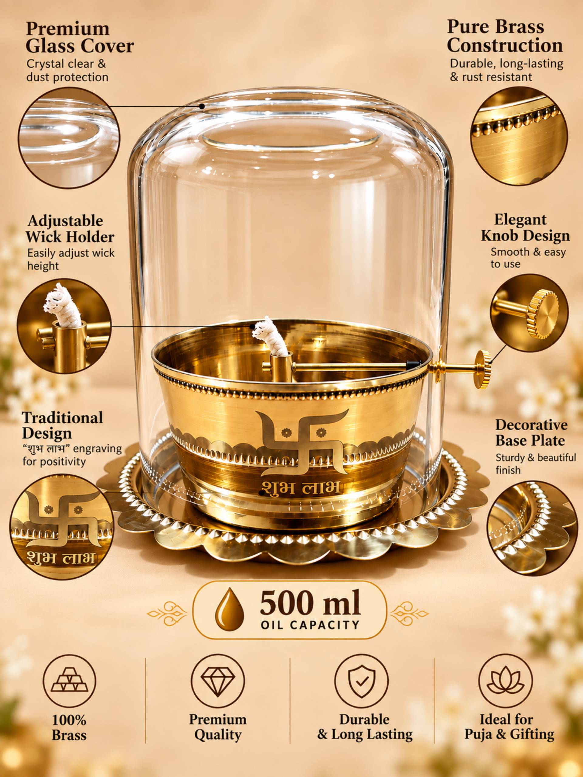 Brass Akhand Diya with Glass Cover – 500 ml_0