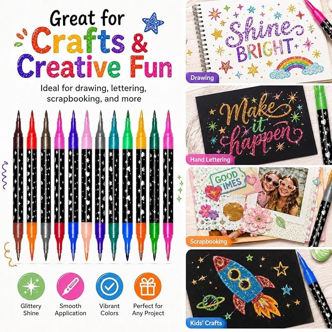 12-Pack Dual-Tip Glitter Marker Set – 24 Colors with Carrying Case_3