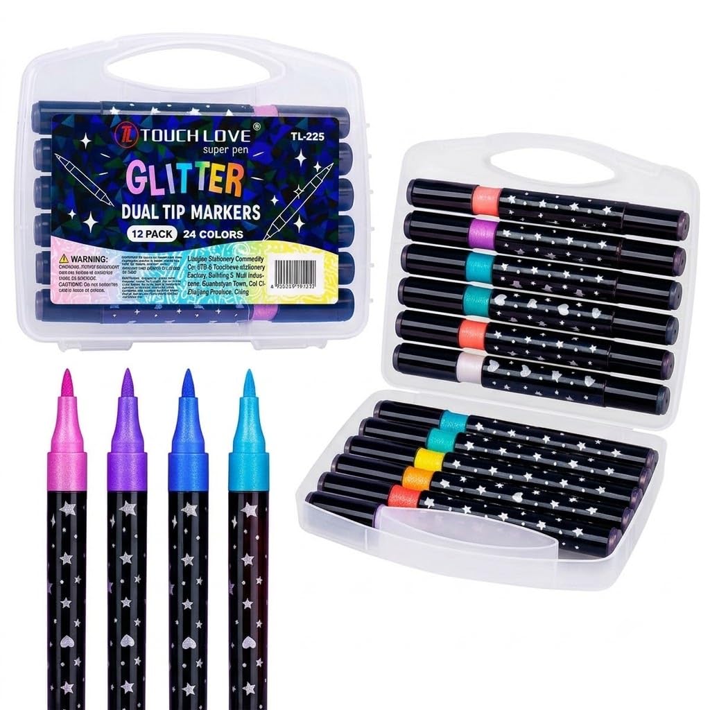 12-Pack Dual-Tip Glitter Marker Set – 24 Colors with Carrying Case_1