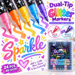 24-Pack Dual-Tip Glitter Marker Set - 48 Colors with Carrying Case