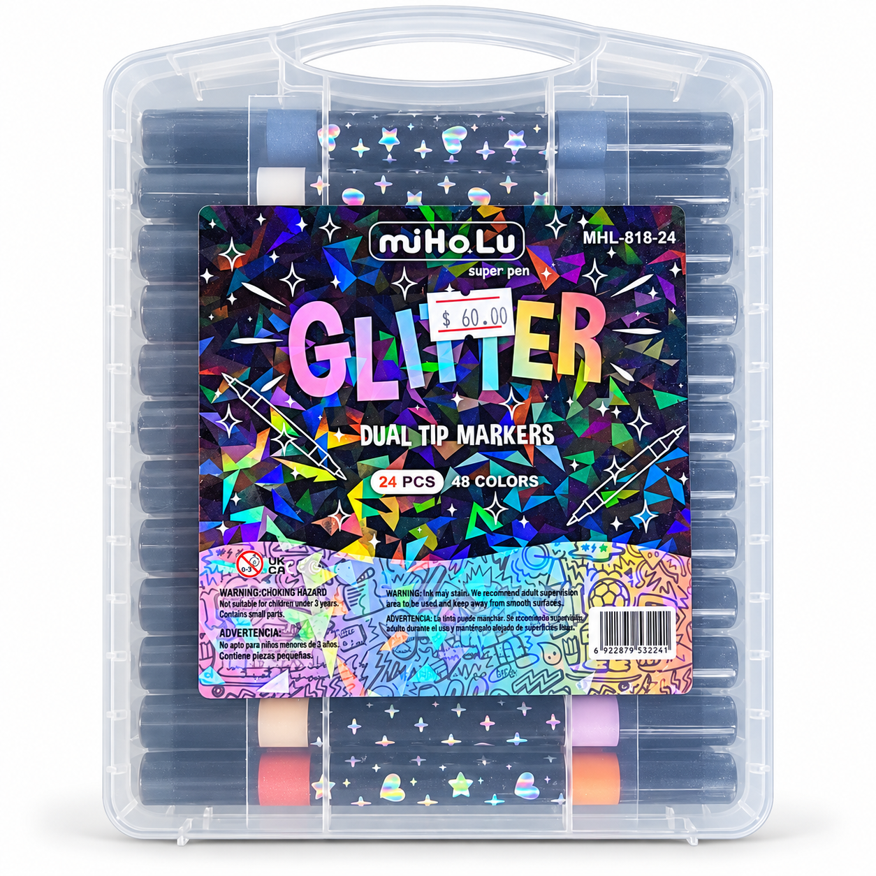 24-Pack Dual-Tip Glitter Marker Set - 48 Colors with Carrying Case_0