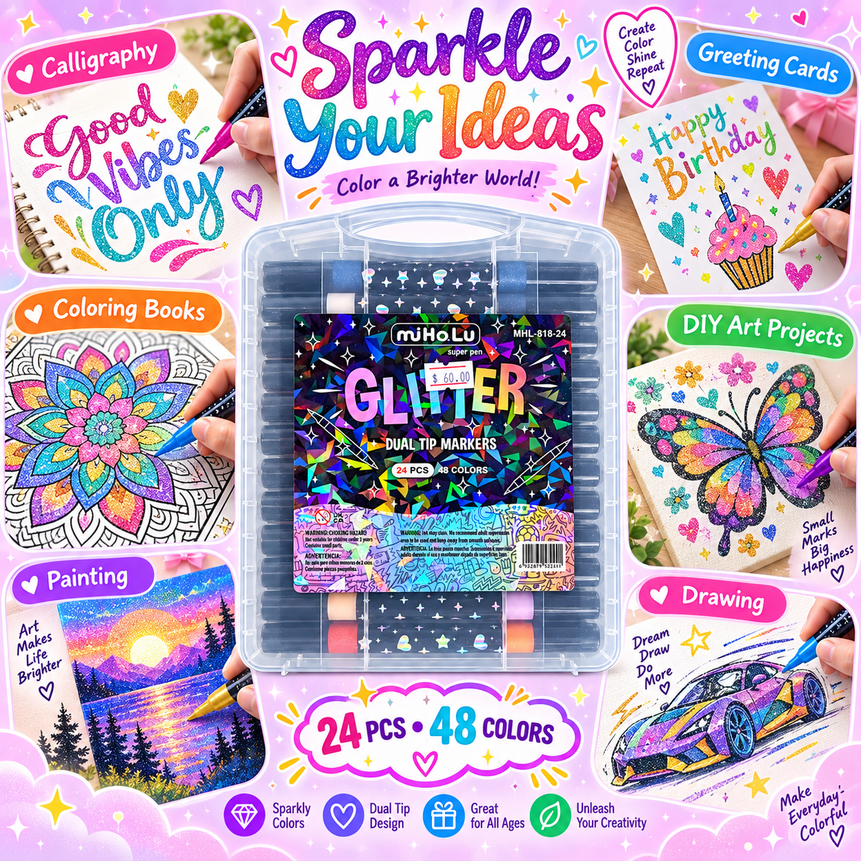 24-Pack Dual-Tip Glitter Marker Set - 48 Colors with Carrying Case_1