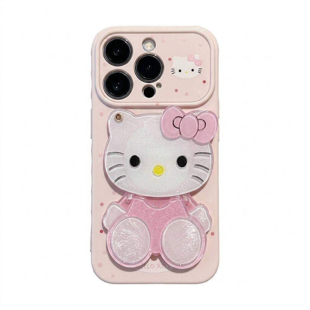 Case para iPhone de Hello Kitty con accesorio decorativo 3D que funciona como espejo y soporte