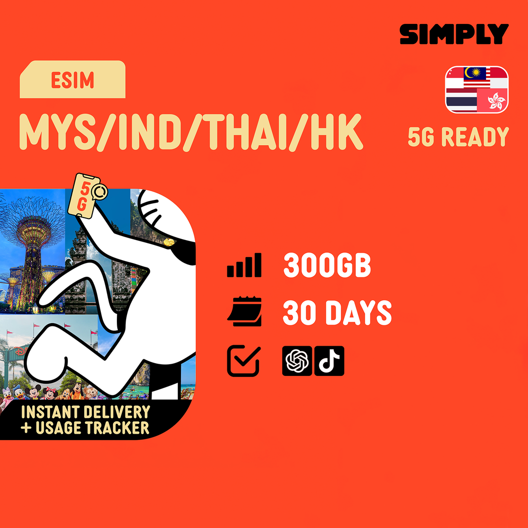 SIMPLY [eSIM Asia] Singapore Malaysia Indonesia Thailand Hong Kong | 300GB Local eSIM | No Registration