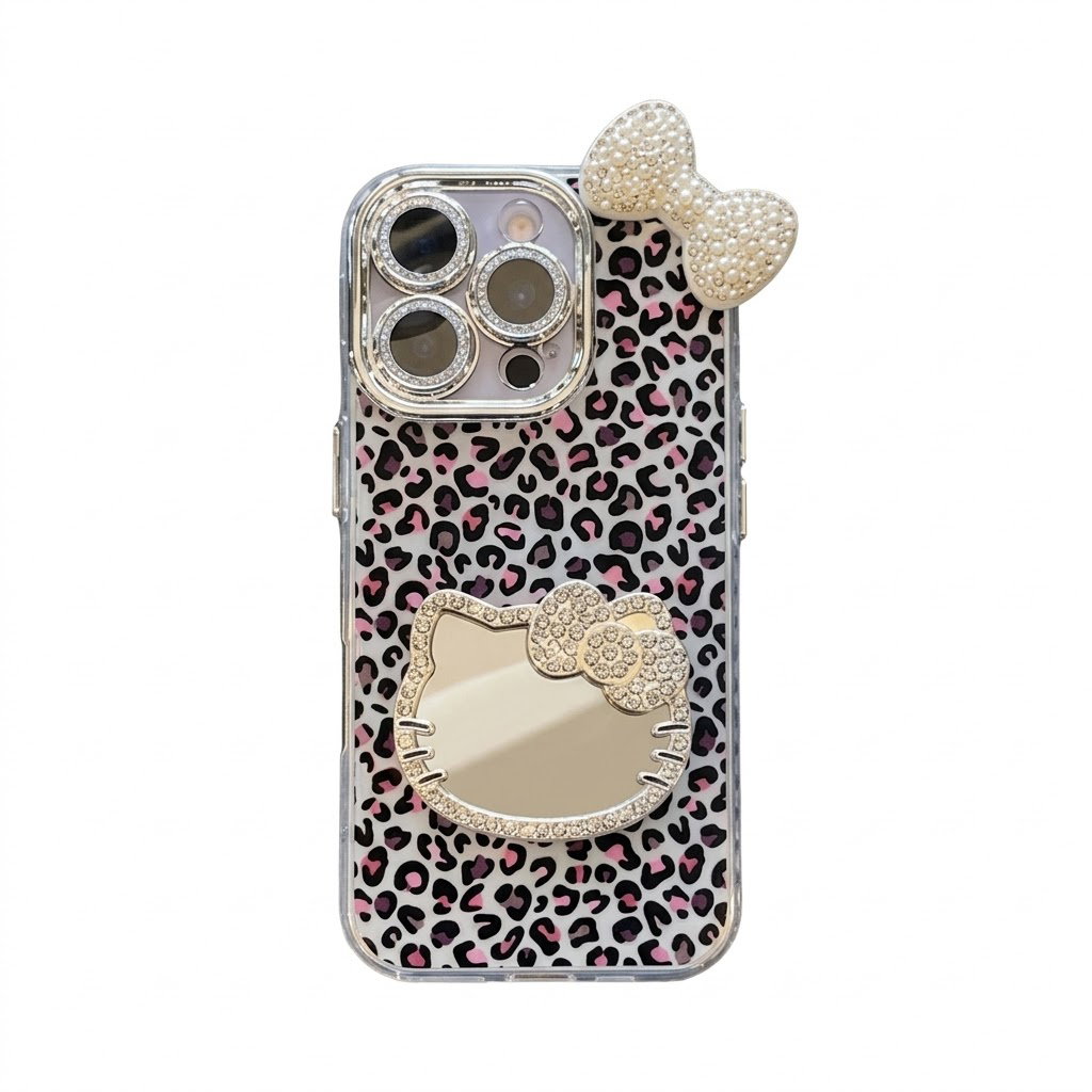 Case para iPhone de Hello Kitty con estampado de leopardo y adorno de espejo