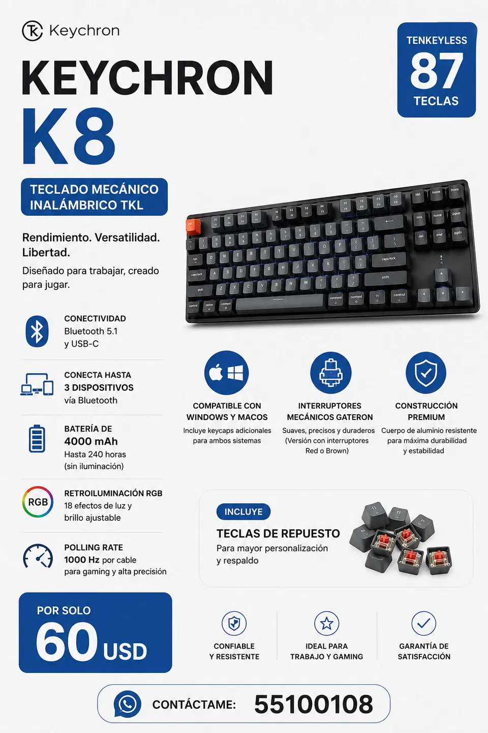 Teclado Mecánico Keychron K8 – Potencia, precisión y libertad en cada pulsación