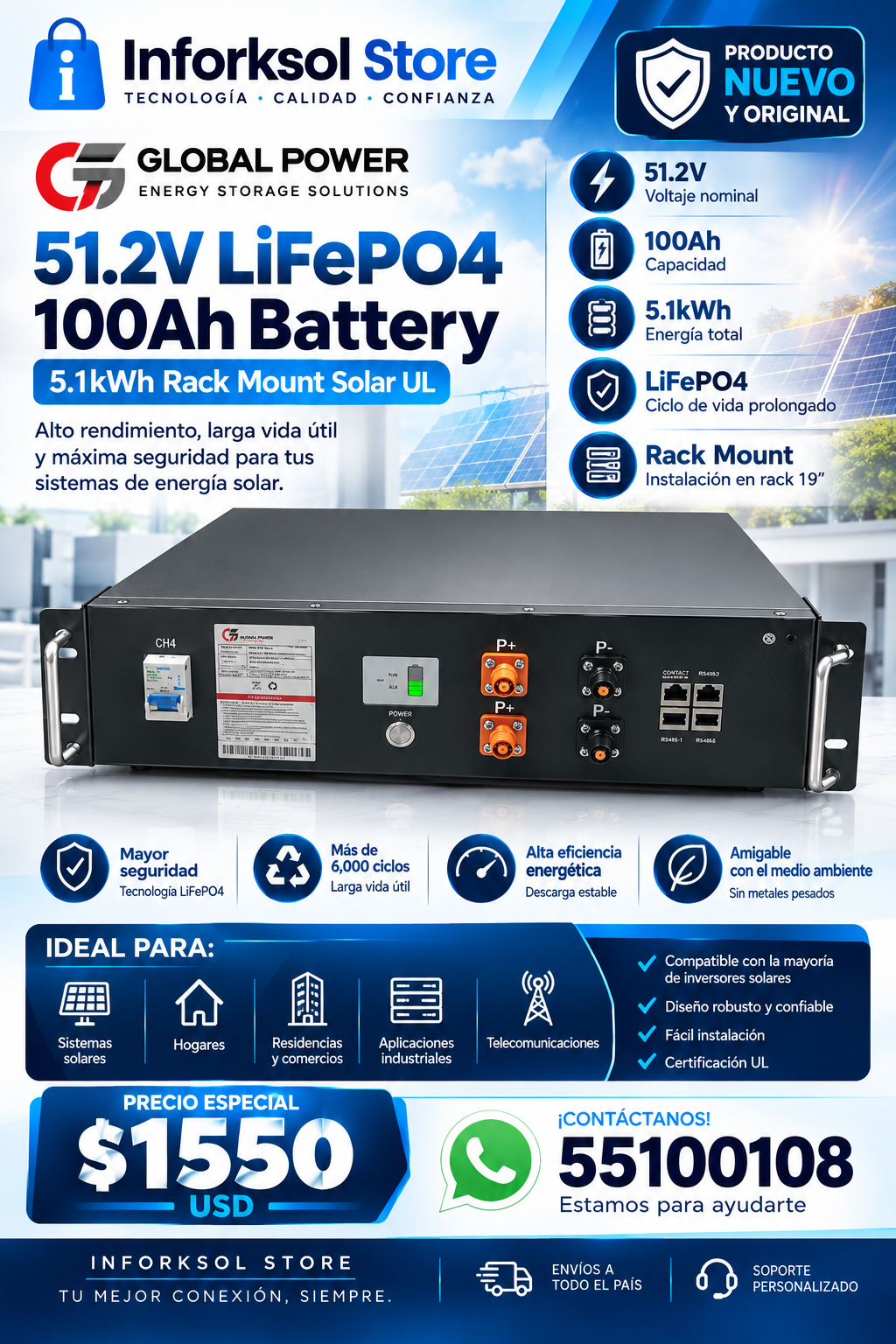 Batería Solar LiFePO4 51.2V 100Ah (5.1kWh) Global Power - Nueva en Rack 19" Certificada UL