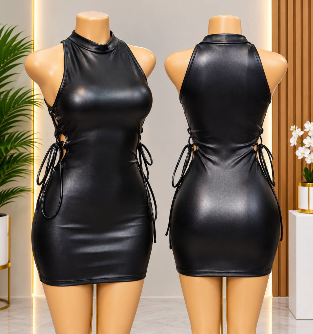Glossy Leather Lace-Up Mini Dress