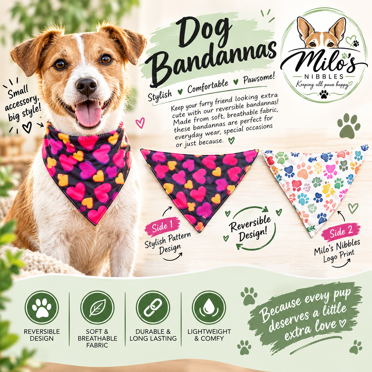 Dubbel Sided Paw's & Heart's Bandanna _0