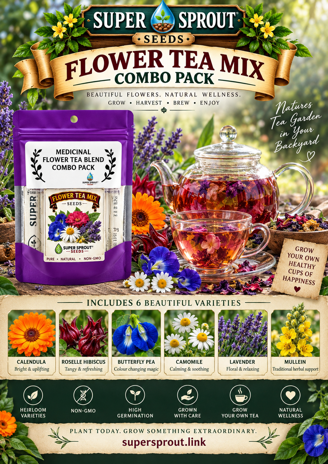 Medicinal and wellness flower tea combo seeds x 6 packs