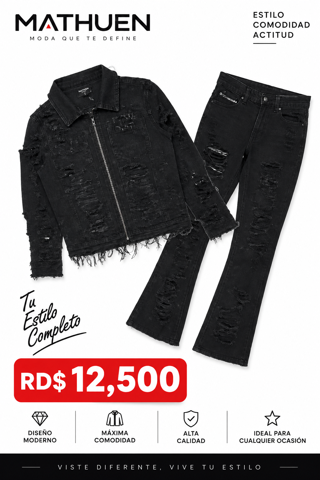 Conjunto de chaqueta y jean acampanado negro_0