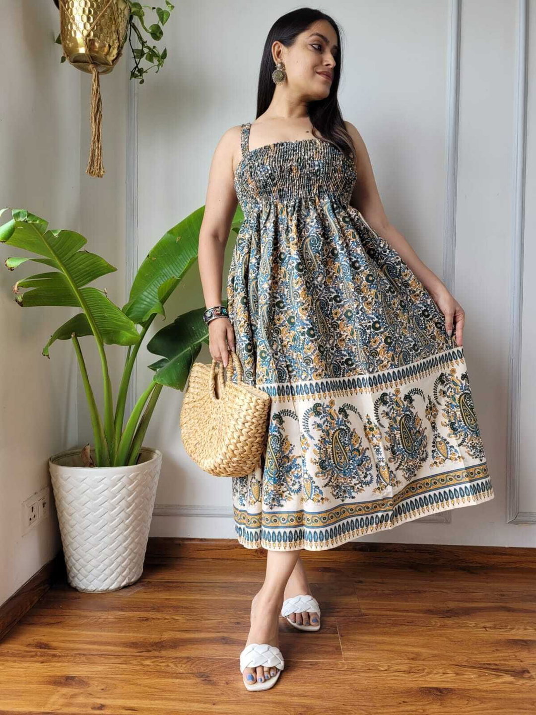 Stylish Cotton Printed Cotton Middi Dress Gown KK