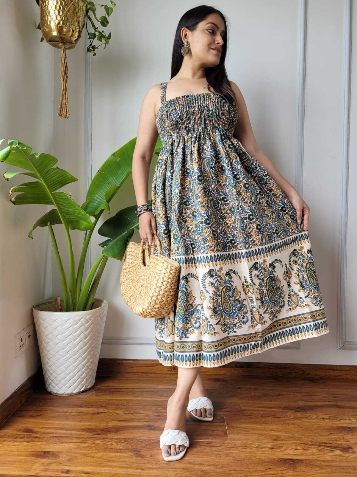 Stylish Cotton Printed Cotton Middi Dress Gown KK_0