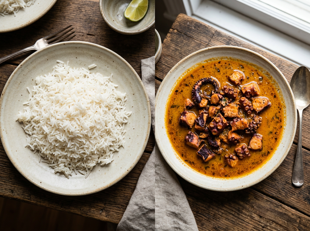 White Rice Saloona Coconut Octopus | رز أبيض مع صالونة الأخطبوط بالنارجيل