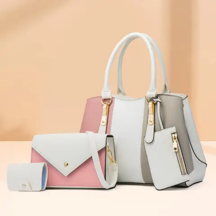 ENSEMBLE DE 4 SACS À MAIN,  POUR FEMME EN CUIR PU IMPERMÉABLE,  ET POLYESTER   AVEC BLOC DE COULEUR  COMPRENANT SAC À BANDOULIÈRE,  SAC PORTÉ CROISÉ  PORTEFEUILLE ET SAC SEAU ZIPPÉ