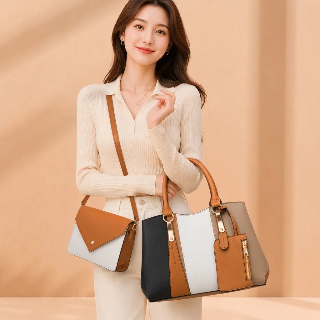 ENSEMBLE DE 4 SACS À MAIN,  POUR FEMME EN CUIR PU IMPERMÉABLE,  ET POLYESTER   AVEC BLOC DE COULEUR  COMPRENANT SAC À BANDOULIÈRE,  SAC PORTÉ CROISÉ  PORTEFEUILLE ET SAC SEAU ZIPPÉ_2