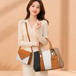 ENSEMBLE DE 4 SACS À MAIN,  POUR FEMME EN CUIR PU IMPERMÉABLE,  ET POLYESTER   AVEC BLOC DE COULEUR  COMPRENANT SAC À BANDOULIÈRE,  SAC PORTÉ CROISÉ  PORTEFEUILLE ET SAC SEAU ZIPPÉ