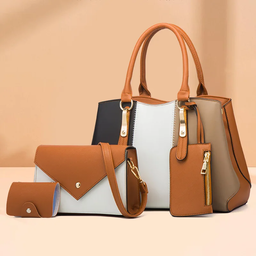 ENSEMBLE DE 4 SACS À MAIN,  POUR FEMME EN CUIR PU IMPERMÉABLE,  ET POLYESTER   AVEC BLOC DE COULEUR  COMPRENANT SAC À BANDOULIÈRE,  SAC PORTÉ CROISÉ  PORTEFEUILLE ET SAC SEAU ZIPPÉ