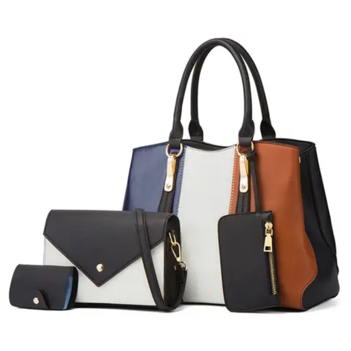 ENSEMBLE DE 4 SACS À MAIN,  POUR FEMME EN CUIR PU IMPERMÉABLE,  ET POLYESTER   AVEC BLOC DE COULEUR  COMPRENANT SAC À BANDOULIÈRE,  SAC PORTÉ CROISÉ  PORTEFEUILLE ET SAC SEAU ZIPPÉ_3
