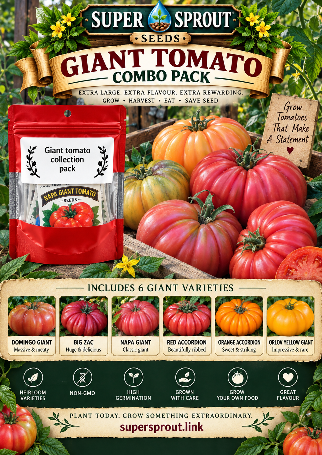 Giant tomato combo x 6 packs with 10 seeds each