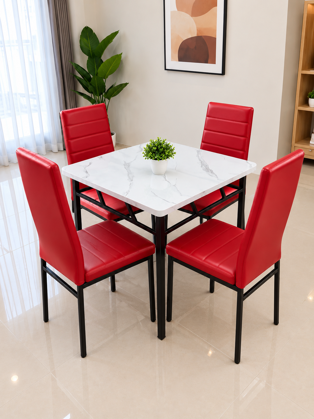 Table à 4 chaises en cuir blanc _4