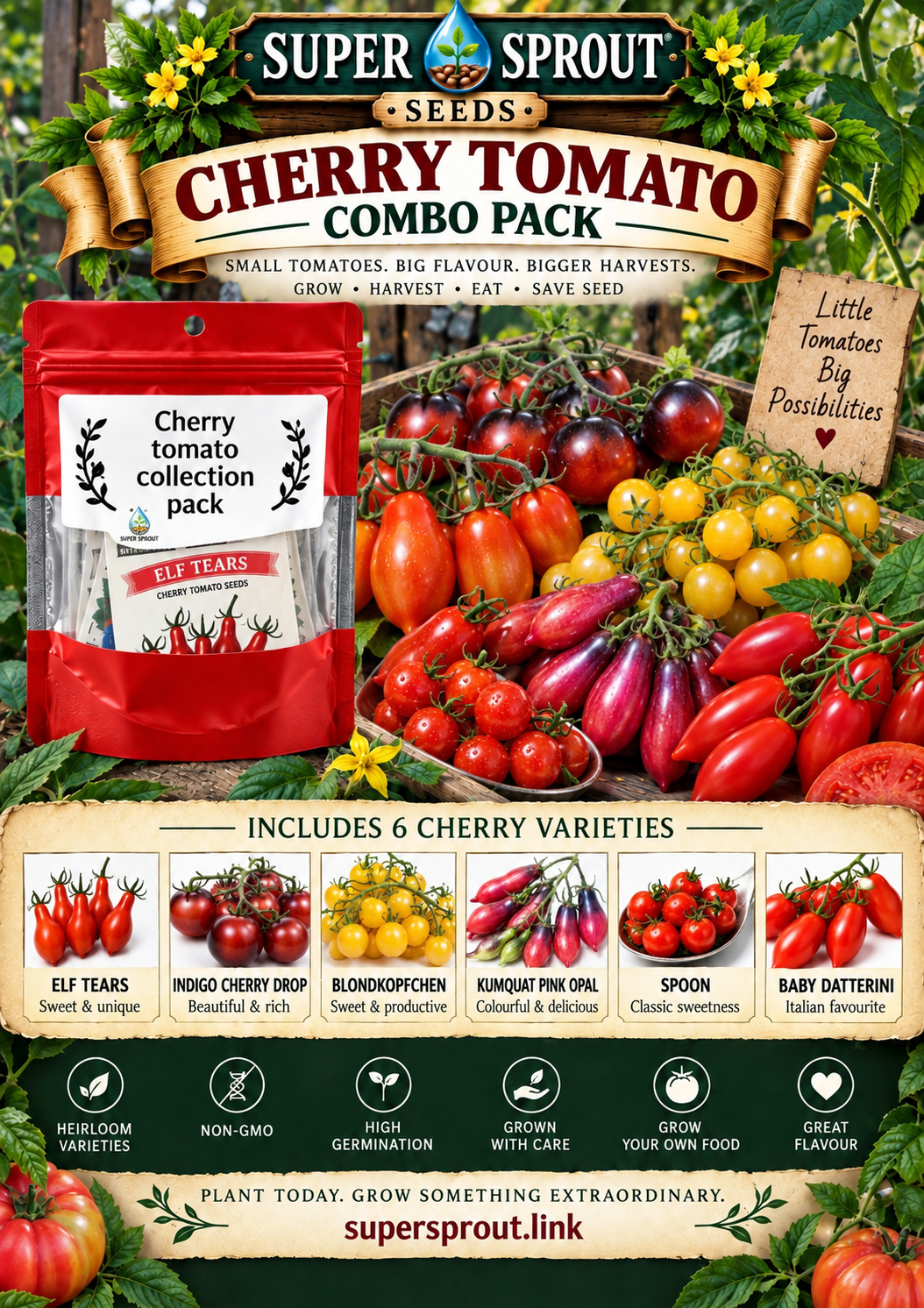 Cherry tomato combo x 6 packs 10 seeds per pack