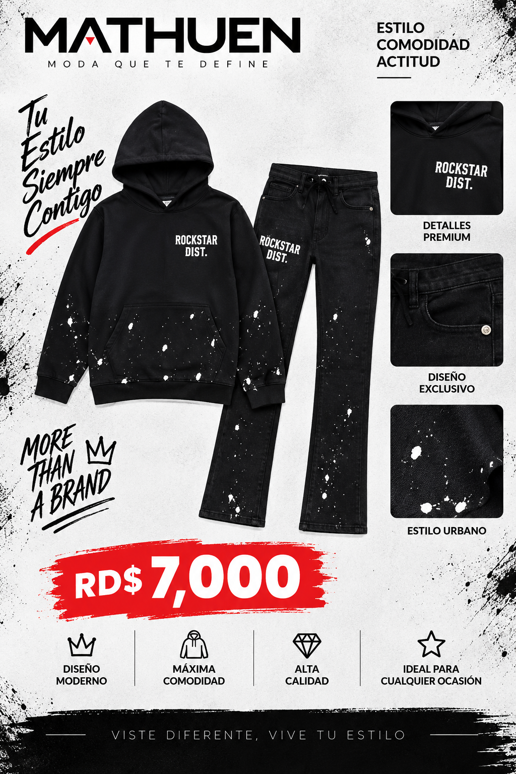 Conjunto negro y blanco con capucha y pantalón amplio