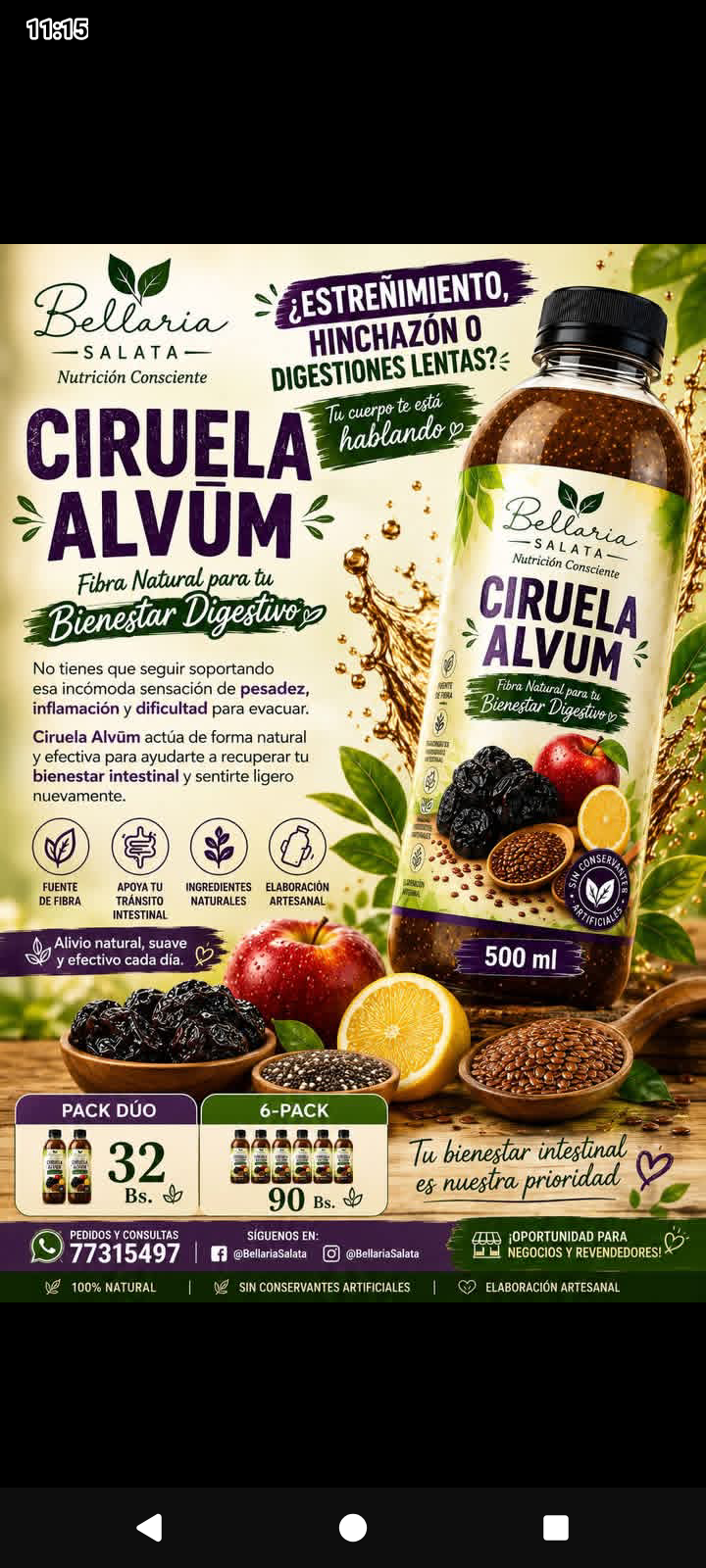 Ciruela Alvum jugo laxante natural de ciruela pasa con manzana roja, chía, linaza y zumo de limón 6-pack 500 ml